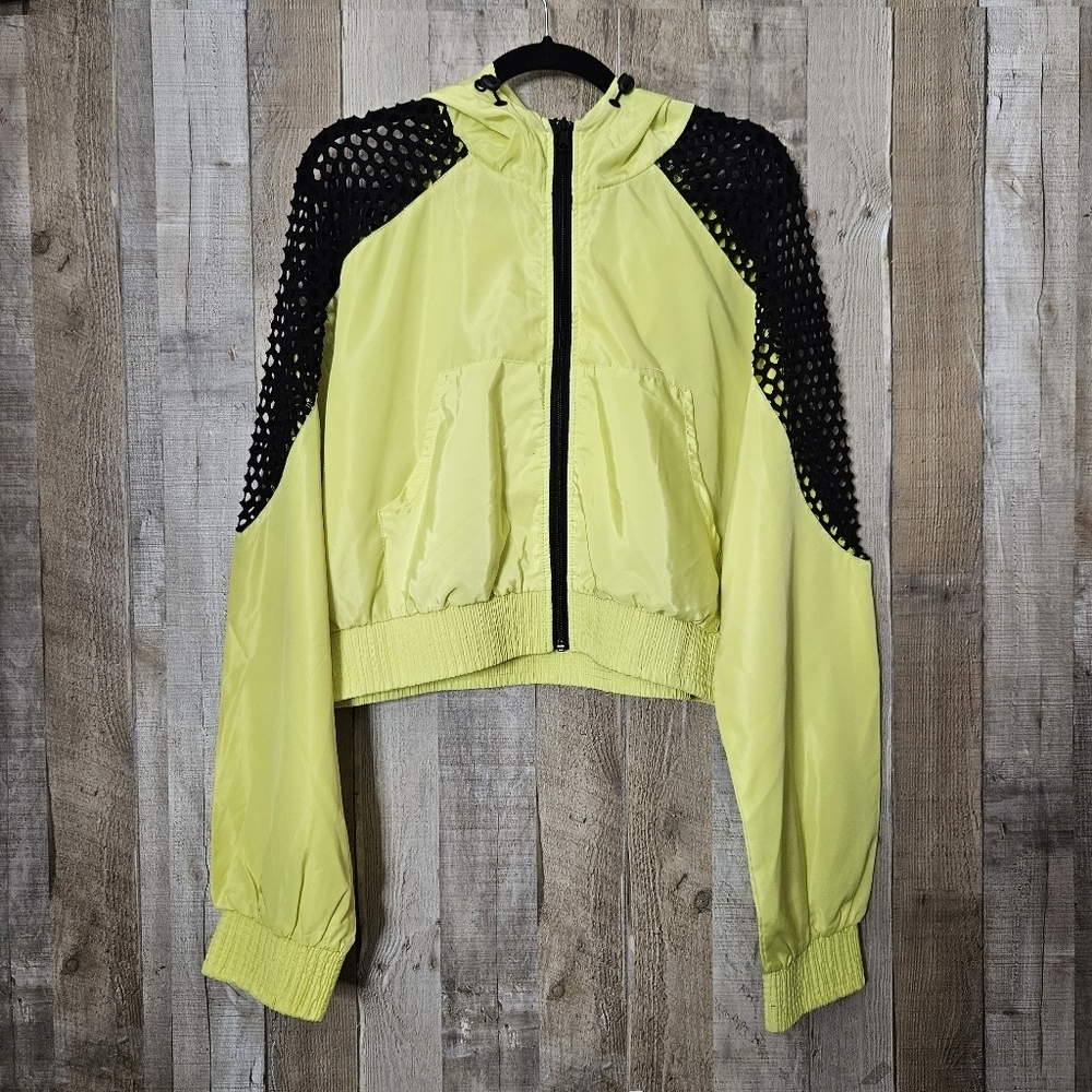 Urban Nation Windbreaker Yellow Crop Jacket Mesh Shoulders Full Zip Hooded Large